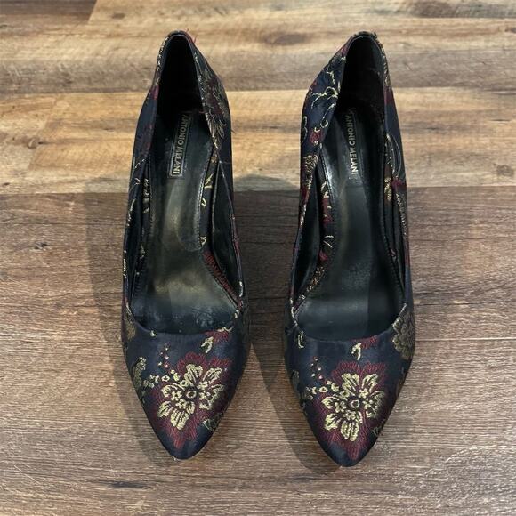 Antonio Melani Embroidered Silk Floral Block Pumps Heels Gold Glam Sz 8.5 - Picture 2 of 9